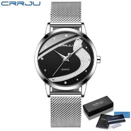 Woman Watch CRRJU Minimalist Silver Watches Casual Waterproof Quartz Ladies Dress Stainless Steel Mesh Watches relogio feminino 210517