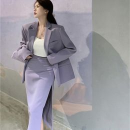 Quality Office Ladies' Suits With Skirt Two-Piece Setup Autumn Women Purple Belt Blazer Chic High-Waist Split Outfit 220302