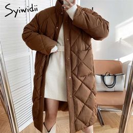 Syiwidii Winter Jacket Women Argyle Plaid Long Coat with Belt Stand Collar Button Up Oversize Loose Parkas Ladies Outerwear 211216