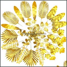 Festive Party Supplies Home Garden Decorative Flowers & Wreaths 5Pcs Gold Artificial Monstera Tropical Plam Tree Leaves Pography Background