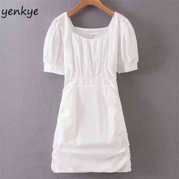 Elegant Women White Drawstring Draped Bodycon Dress Female Square Neck Short Sleeve Summer Mini Sexy SDP9251 210514