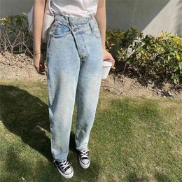 SHIJIA Irregular High Waist Jeans for Woman Light Blue Vintage Straight Leg Long Female Y2k Denim Trousers Mom Spring 210708