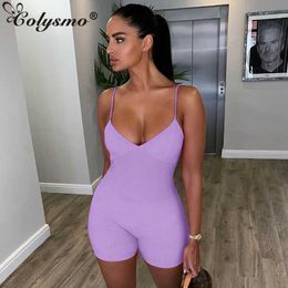 Colysmo Purple Playsuit Women Summer Ribbed Shorts Solid Colour Romper Sexy V-neck Bodycon Loungewear Jumpsuit Black 210527