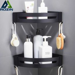 Nail Free Aluminum Black Bathroom Kitchen Shelf Cosmetic Rack In Wall Bath Corner Basket With Hook Bathroom Storage Shelf 210724