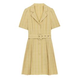 Yellow Light Green Pink Plaid Notch Collar Sash A-line Single-breast Short Sleeve Ruched Mini Dress Summer D1811 210514