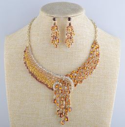 Earrings & Necklace Women's Wedding Jewellery Sets Bridal Peacock Style Crystal Set Rhinestone Yellow Colour Golden Plated