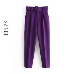 elegant black purple harem pants women winter pockets zipper office casual high waist long trousers 210521