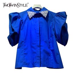 Patchwork Casual Shirts For Women Lapel Short Sleeve Single Breasted Blouses Female Fashion Clothing Style 210524