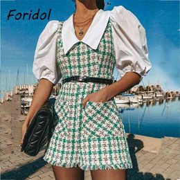 Tweed Knitted Plaid Romper Overalls for Women Vinatge Puff Sleeve Shirt Patchwork Sash Wide Leg Fashion Playsuit 210427