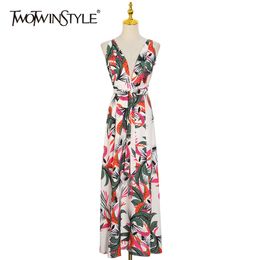 Print Beach Style Sling Dress For Women V Neck Sleeveless High Waist Hit Colour Summer Dresses Female Fashion 210520