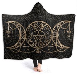 Blankets Portable Warm Flannel Triple Moon Hooded Blanket Viking Rune For Sofa Sherpa Fleece Bedspread Wrap