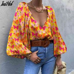 Off Shoulder Puff Sleeve Blouse Backless Shirts Women Lace Up Orange V-Neck Woven Women Summer Streetwear 210514