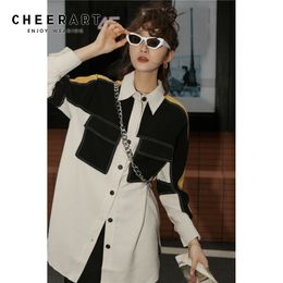 Colorblock Stitch Streetwear Long Sleeve Shirt Women Fashion Designer Top Collared Loose 210427