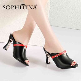 SOPHITIA Buckle Slippers Women Summer Fashion Plated Thick Heel Breathable Slippers Youth Comfortable Elegant Sandals SO478 210513