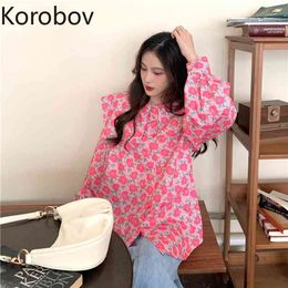 Korobov Korean Chic Women Blouses Vintage Elegant Single Breasted Long Sleeve Shirts New Arrival Flower Print Sweet Shirt 210430