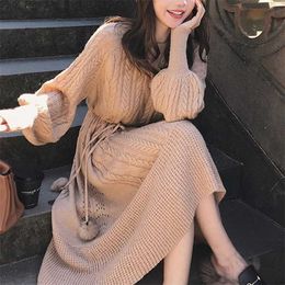 Slim Twist Autumn Winter Sweater Dress Knitted Women Sweaters Pullover Long Sleeve Round Neck Pullovers Knit Sweater Dress Warm 211110