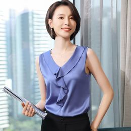 Korean Silk Women Blouses Tops Satin Woman Sleeveless Blouse V Neck Ruffles Shirts Plus Size 210427