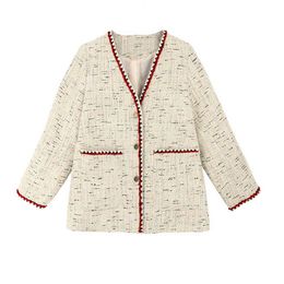 Women Apricot Tweed Jacket V Neck Long Sleeve Button Pocket Coat Small Fragrance Style C0199 210514