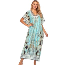 Print Beach Cover up Tunics for Long Kaftan Bikini Robe de Plage Sarong Swimsuit cover Q1211 210420