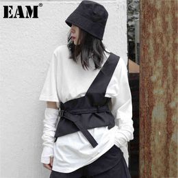 [EAM] Women Loose Fit Black Sashes Asymmetrical Casual Vest V-collar Sleeveless Fashion Spring Summer 1DD7348 21512