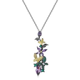 -Cizeva Elegante Vipo viola Zircone Crystal Butterfly Flower Pendant Collana per le donne Retro Black Gold Charms Chader Italy Italy Jewelry 210621