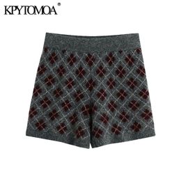 KPYTOMOA Women Chic Fashion With Argyle Knitted Shorts Vintage High Elastic Waist Female Short Pants Mujer 210719