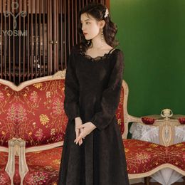 YOSIMI Vintage Black Long Dress Summer Women Female Vestido Slash Neck Off The Shoulder Evening Party Elegant 210604