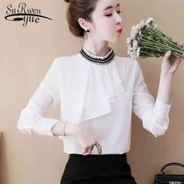 Autumn Lace Stand Collar Solid Women Blouse Shirt OL Ruffles Long Sleeve Chiffon Blouses Black White Tops 6560 50 210508