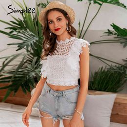Lace embroidery women tank Ruffled hollow out o-neck peplum female summer style Streetwear ladies white tops 210414