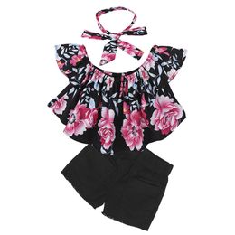 Girls Fashion Clothes Set Off Shoulder T-shirt Ruffle Floral Tube Top Kids Girls Ripped Denim Shorts Hole Jeans Headband 210413