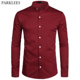 Red Shirt Men Business Casual Men Dress Shirts Band Collar Button Down Men Long Sleeve Daily Work Mens Camisa Social Masculina 210524