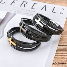 Classic Design Layered Leather Stainless Steel Cross Charm Bracelets for Couples Gift