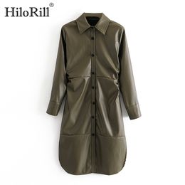 Women Army Green PU Shirt Dress Long Sleeve Faux Leather Turn Down Collar Office Split Pleated es 210508