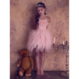 Kids Summer Princess Dresses for Girls Children Feather Beading Sequined Gown Toddler Birthday Party Frocks Boutique Baby Dress Q0716