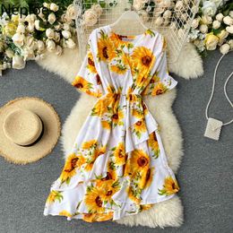 Neploe Flower Print Ruffles Dress Women Fashion V Neck Petal Sleeve Ladies Vestido Summer Irregular Chiffon Female Dresses 210423