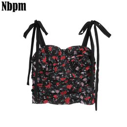 Bustier Clothes For Bowknot Lacing Corset Sexy Tank Crop Top Women Floral Print Summer Blouse Female Sweet Vintage Backless 210529