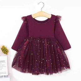 Beautiful Star Appliqued Long-sleeve Mesh Princess Dress for Kids Girl Clothing Dreeses 210528