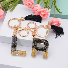Fashion English Letter Keychain With Tassel Gold Black Color Stone Filling Resin Initial Key Chain Women Bag Hanging Pendant