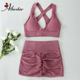 ATHVOTAR Short Yoga Set Seamless Sports Suits Two Piece Women Summer Booty Shorts and Bra Breathable wear 210802