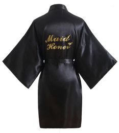 getting ready robes Australia - Women's Sleepwear Black Satin Kimono Robes For Bride Maid Of Honor Wedding Party Getting Ready Short Robe With Gold Glitter