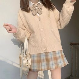 Women's Knits & Tees Japanese Mori Girl Preppy Style Plaid Knitted JK Sweater Golden Embroidery Spring Autumn Women Cardigan Coat Knit