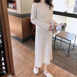 Elegant Korean Lady Long Chic Knitting Stand Collar Long Sleeve Basic Dress Mori Girl Winter 210413