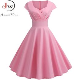 Pink Summer Dres V Neck Big Swing Vintage Dress Robe Femme Elegant Retro pin up Party Office Midi Dresses Plus Size 220311
