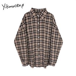 Yitimuceng Plaid Blouse Women Khaki Office Lady Plus Size Shirts Spring Casual Vintage Clothing Turn-Down Collar Streetwear 210601