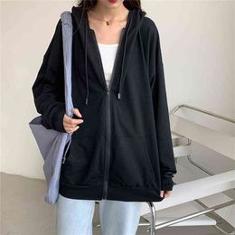 Harajuku Korean version loose thin long-sleeved hooded sun protection coat solid color retro shirt student girl top 210809