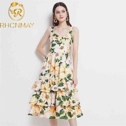 Summer Fashion Runway Midi Dress Women's Spaghetti Strap Backless Ruffles Flower Print Beach Dresses For Women 210506