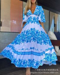 2021 summer women's new bohemian holiday style big swing long dress, fresh and sweet blue floral casual long skirt Y1006