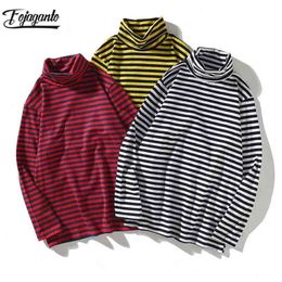 FOJAGANTO Brand Men Striped T-Shirt Men Trendy Comfortable Turtleneck Tee Shirt Casual Long Sleeve T Shirts Male 210409