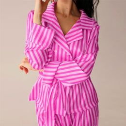 HECHAN Pink Stripe Women Pyjamas Satin Long Sleeve With Sashes Turndown Collar Pocket Female Sleepwear Pants Loose Home Suit 210330