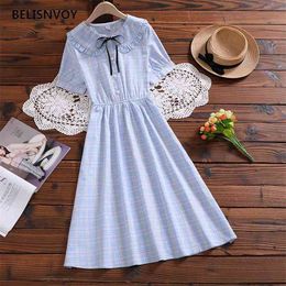 Japanese Preppy Style Summer Women Dresses Peter Pan Collar Bow Plaid Short Sleeve Elegant High Waist Sweet Midi 210520